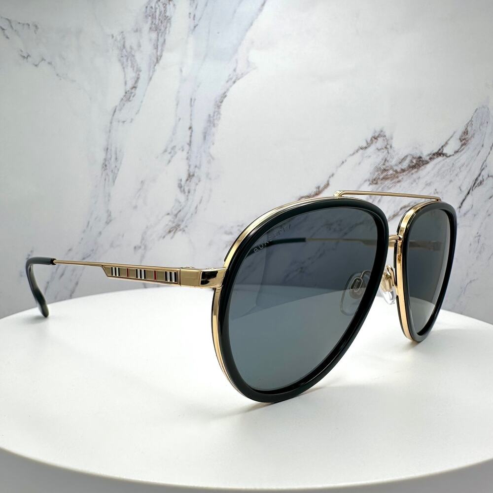 New Burberry Sunglasses Polarized Gold Black Check Arms Aviator Pilot Metal - Picture 14 of 16